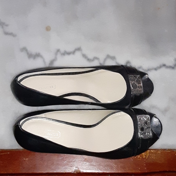 Coach | Shoes | Coach Peep Toe Wedges In Black Metal Plate Spells | Poshmark